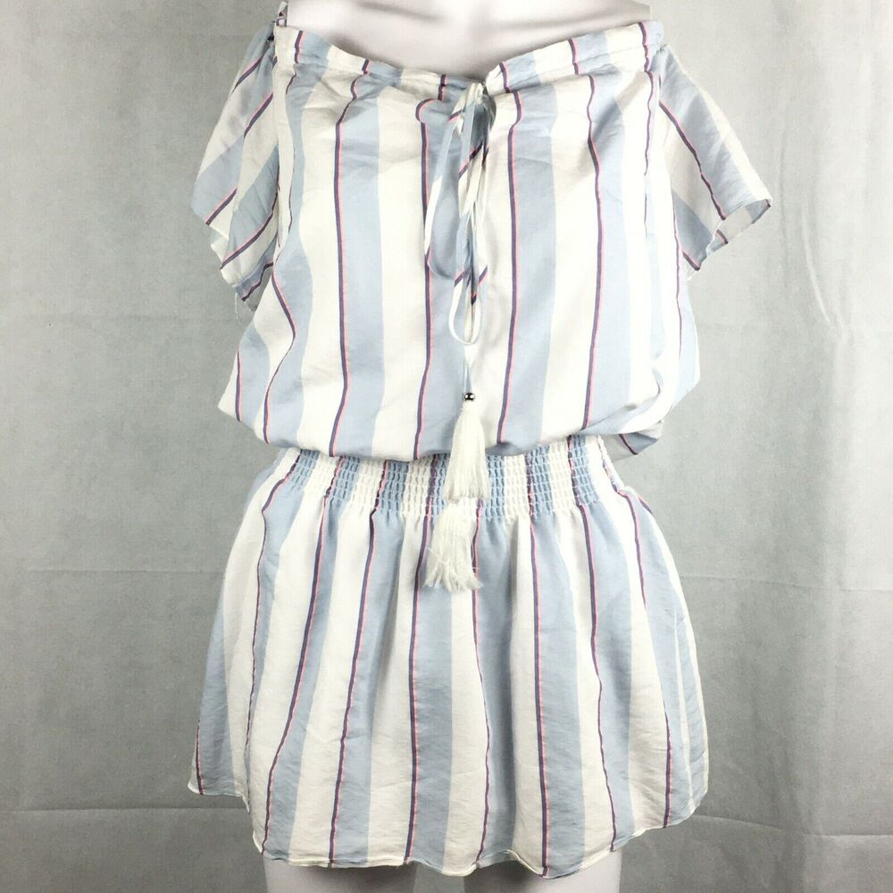 Parker Shirt Womens Sz XS‎ Blue Striped Tasseled Off The Shoulder Blouson Tunic